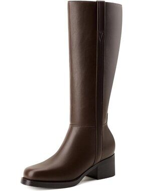 Women's Dark Brown Knee High Boots Square Toe Platform Chunky Low Heel Boots